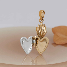 Open View Mixed Metal Silver Heart Locket with Bronze Flame