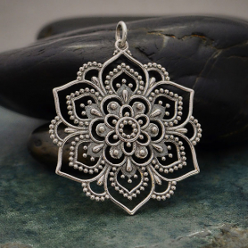 Sterling Silver Openwork Lotus Mandala Pendant 37x30mm