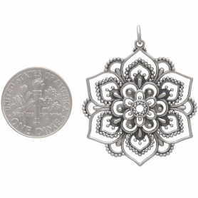 Sterling Silver Openwork Lotus Mandala Pendant 37x30mm