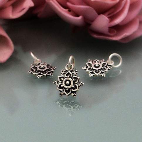 Sterling Silver Lotus Mandala Charm with Granulation 15x10mm