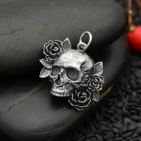 Sterling Silver Skull and Roses Pendant 22x19mm