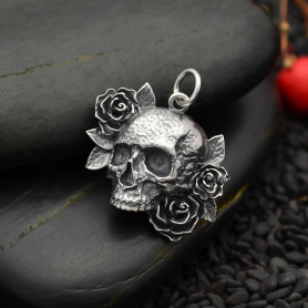 Sterling Silver Skull and Roses Pendant 22x19mm