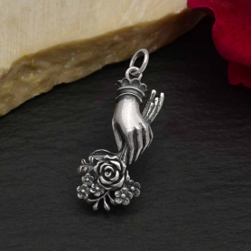 Sterling Silver Hand Charm Holding Flower Bouquet 29x11mm
