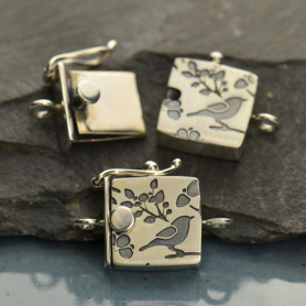 Sterling Silver One Strand Box Clasp with Bird Print 19x13mm