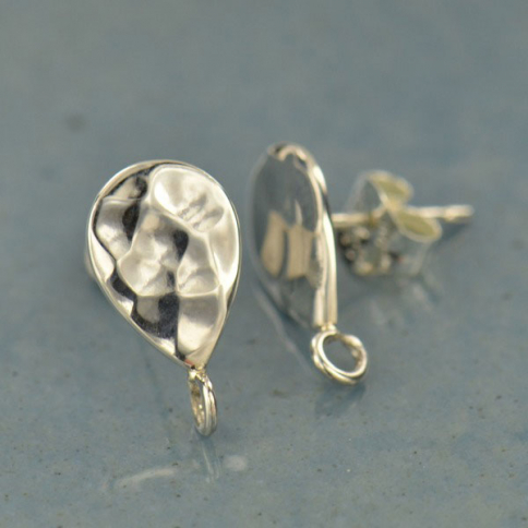 Silver Stud Earrings - Hammered Teardrop with Loop 13x7mm