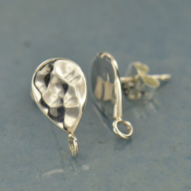 Silver Stud Earrings - Hammered Teardrop with Loop 13x7mm