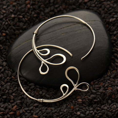 Silver Hoop Earrings with Curled Wire Teardrops 38x33mm