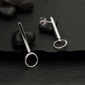 Sterling Silver Bar Post Earrings w/ Circle Dangle 31x10mm