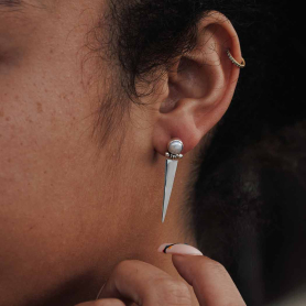 Sterling Silver Pearl Post Earrings with Hinged Spike 35x8mm on ear