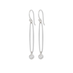 Silver Long Oval Link Dangle Earrings w Pearl Drop 48x5mm