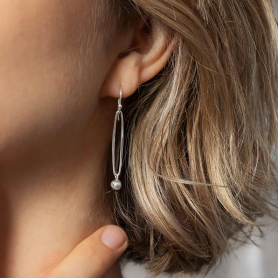 Silver Long Oval Link Dangle Earrings w Pearl Drop 48x5mm on model