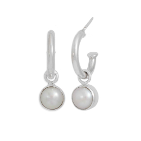 Sterling Silver Small Hoop Earrings with Pearl Drop 22x7mm