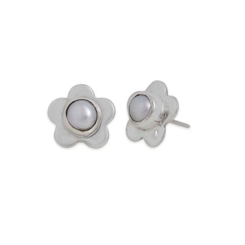 Sterling Silver Pearl Daisy Post Earrings 11x11mm