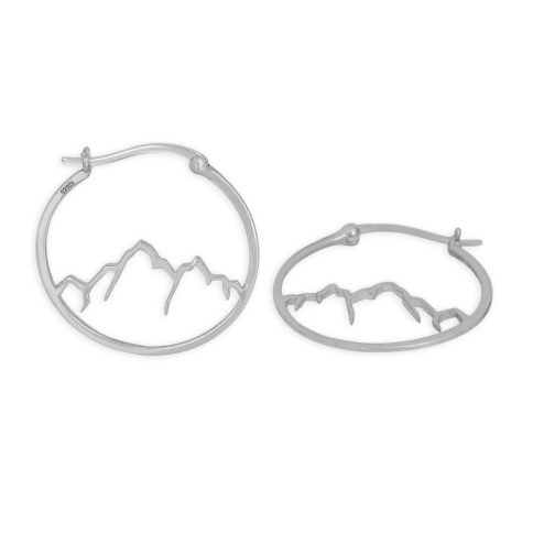Sterling Silver Openwork Mountain Hoop Earrings 28x28mm