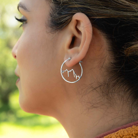 Sterling Silver Openwork Mountain Hoop Earrings on ear