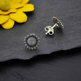 Sterling Silver Sunflower Post Earrings 10x10mm on dark background