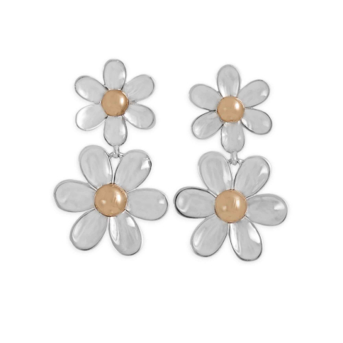 Mixed Metal Two Daisy Dangle Post Earrings 29x17mm