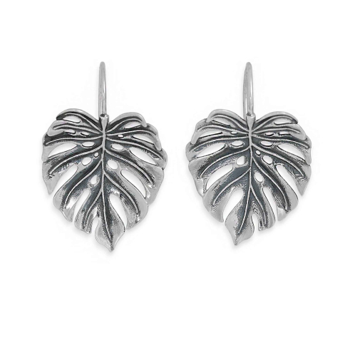 Silver Dimensional Monstera Leaf Hook Earrings 30x20mm