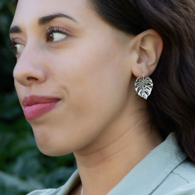 Silver Dimensional Monstera Leaf Hook Earrings on model