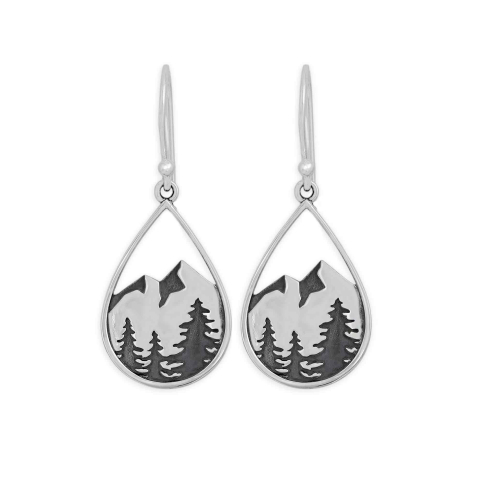 Silver Mountain and Trees Teardrop Dangle Earrings 36x15mm