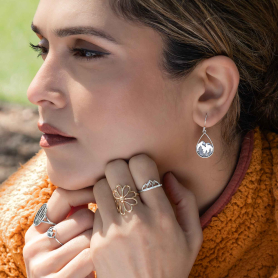 Silver Mountain and Trees Teardrop Dangle Earrings  on ear