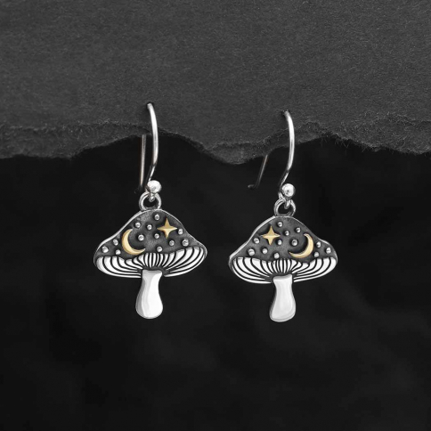 Silver Mushroom Earrings with Bronze Star and Moon 30x16mm