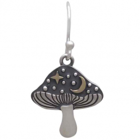 Silver Mushroom Earrings with Bronze Star and Moon 30x16mm