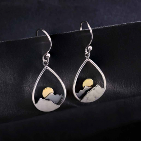 Silver Mountain Teardrop Earrings with Bronze Sun 35x15mm