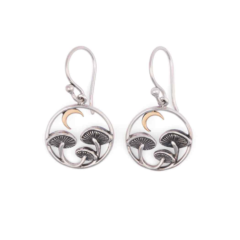 Nina Designs Silver Mushroom Dangle Earrings with Bronze Moon white background