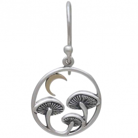 Silver Mushroom Dangle Earrings with Bronze Moon 28x15mm