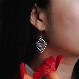 Sterling Silver Geometric Moth Dangle Earrings 45x21mm on ear