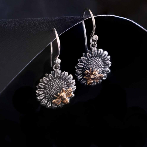 Silver Sunflower Dangle Earrings with Bronze Bee 29x15mm