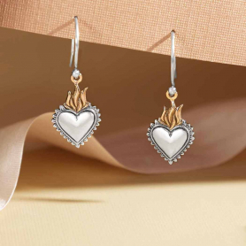 Mixed Metal Heart with Bronze Flame Dangle Earrings 32x12mm