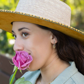 Mixed Metal Long Stem Rose Post Earrings on model