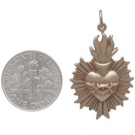 Bronze Flaming Sacred Heart Pendant with Thorns 33x19mm