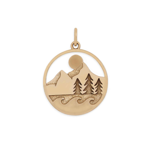Bronze Mountain Trees and Waves Layered Pendant 24x18mm