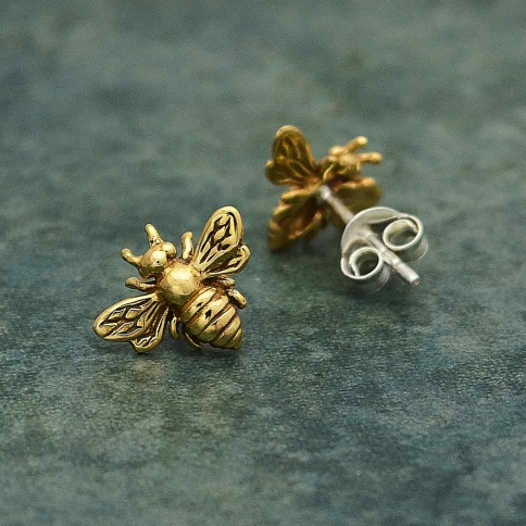 Bronze Bee Stud Earrings 9x11mm with Silver Post