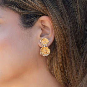 Bronze Double Peony Post Earrings 33x18mm on ear