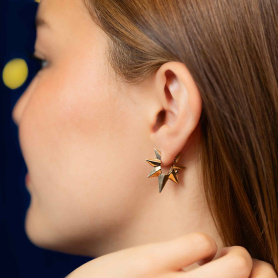 Bronze Ridged Star Huggie Hoop Earrings  side view on ear