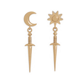 Bronze Sun & Moon Stud Earrings with Sword Dangles 38x8mm