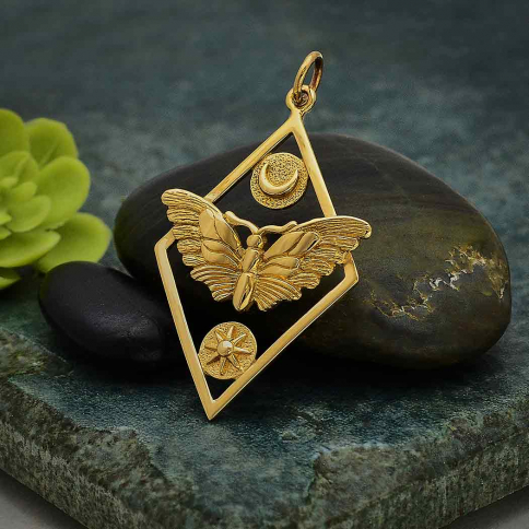 Bronze Geometric Moth Charm with Sun and Moon 35x21mm