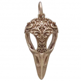 Bronze Raven Skull Charm with Scroll Carving 28x11mm
