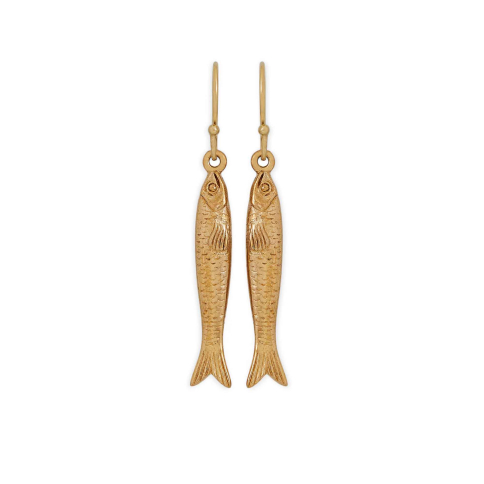 Bronze Sardine Earrings on Gold Fill Ear Wires 48x6mm