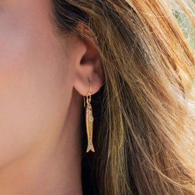 Bronze Sardine Earrings on ear