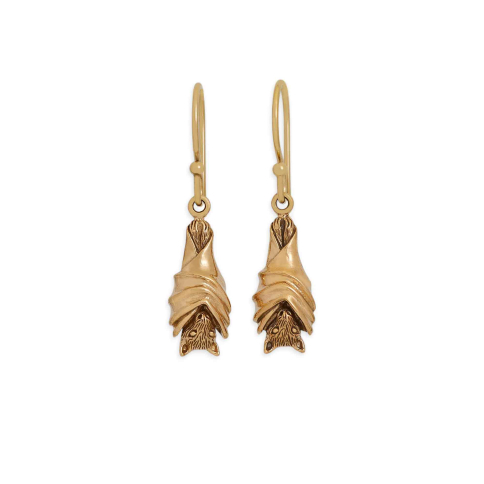 Bronze Hanging Bat Earrings on Gold Fill Ear Wires 32x8mm