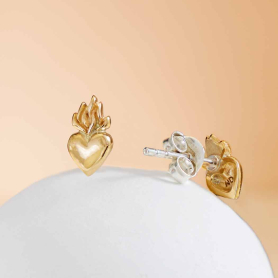 Bronze Heart Post Earrings with Flame 9x5mm