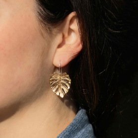 Bronze Dimensional Monstera Leaf Hook Earrings 30x20mm on ear