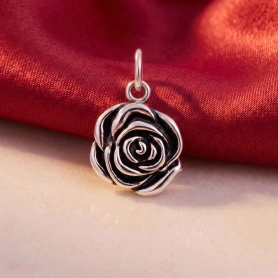 Luxe Silver Plate Rose Charm on red ribbon