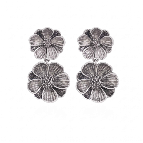 Luxe Silver Plate Double Peony Post Earrings 33x18mm
