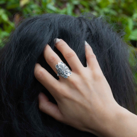 Luxe Silver Plate Mandala Ring on hand in hair